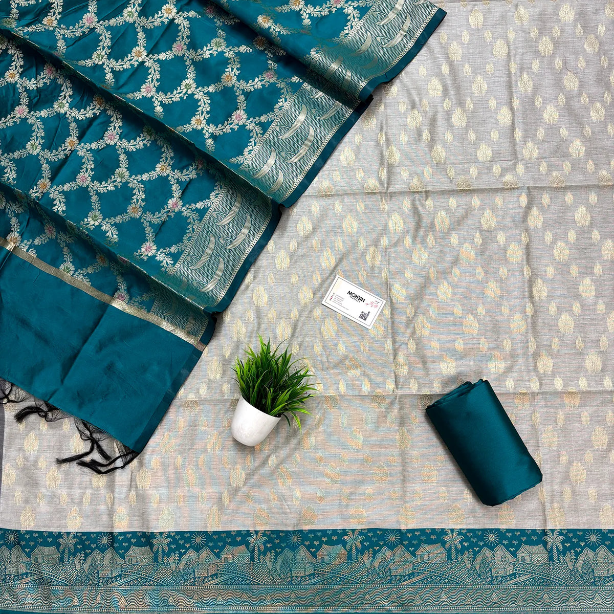 Teal and Grey Nai Basti Banarasi Silk Suit
