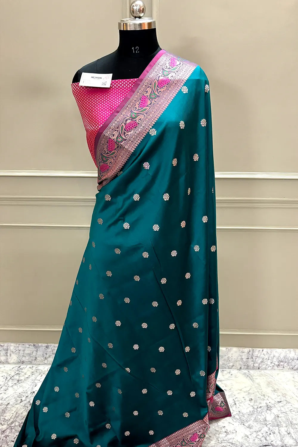 Teal and Pink Buti Banarasi Silk Saree