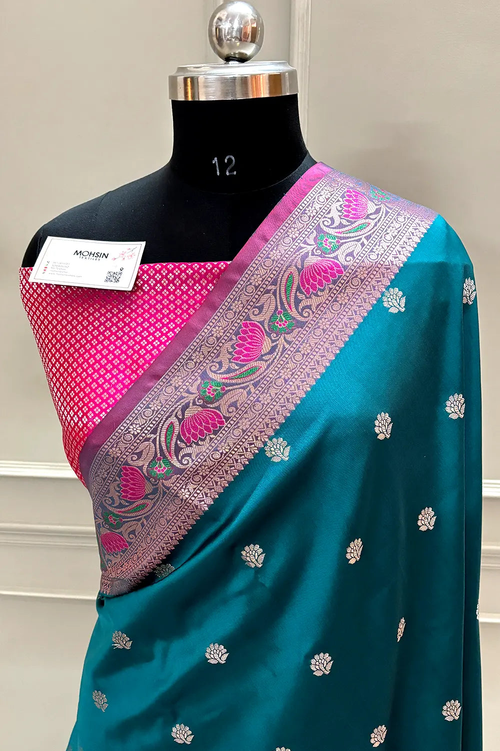 Teal and Pink Buti Banarasi Silk Saree