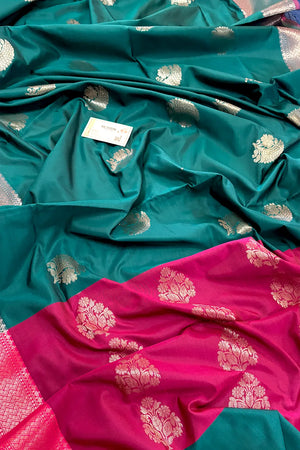 Teal and Pink Golden Zari Banarasi Silk Saree