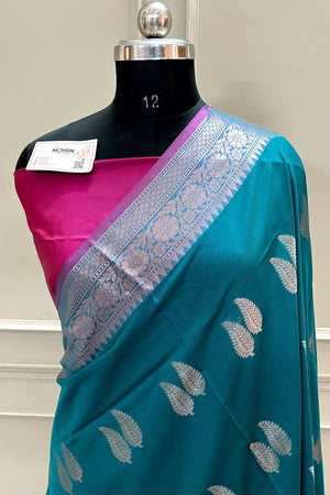 Teal and Pink Golden Zari Banarasi Silk Saree