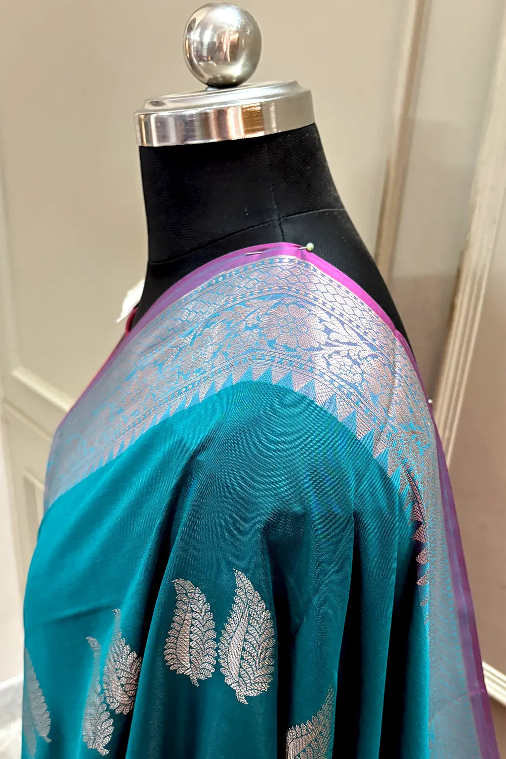 Teal and Pink Golden Zari Banarasi Silk Saree