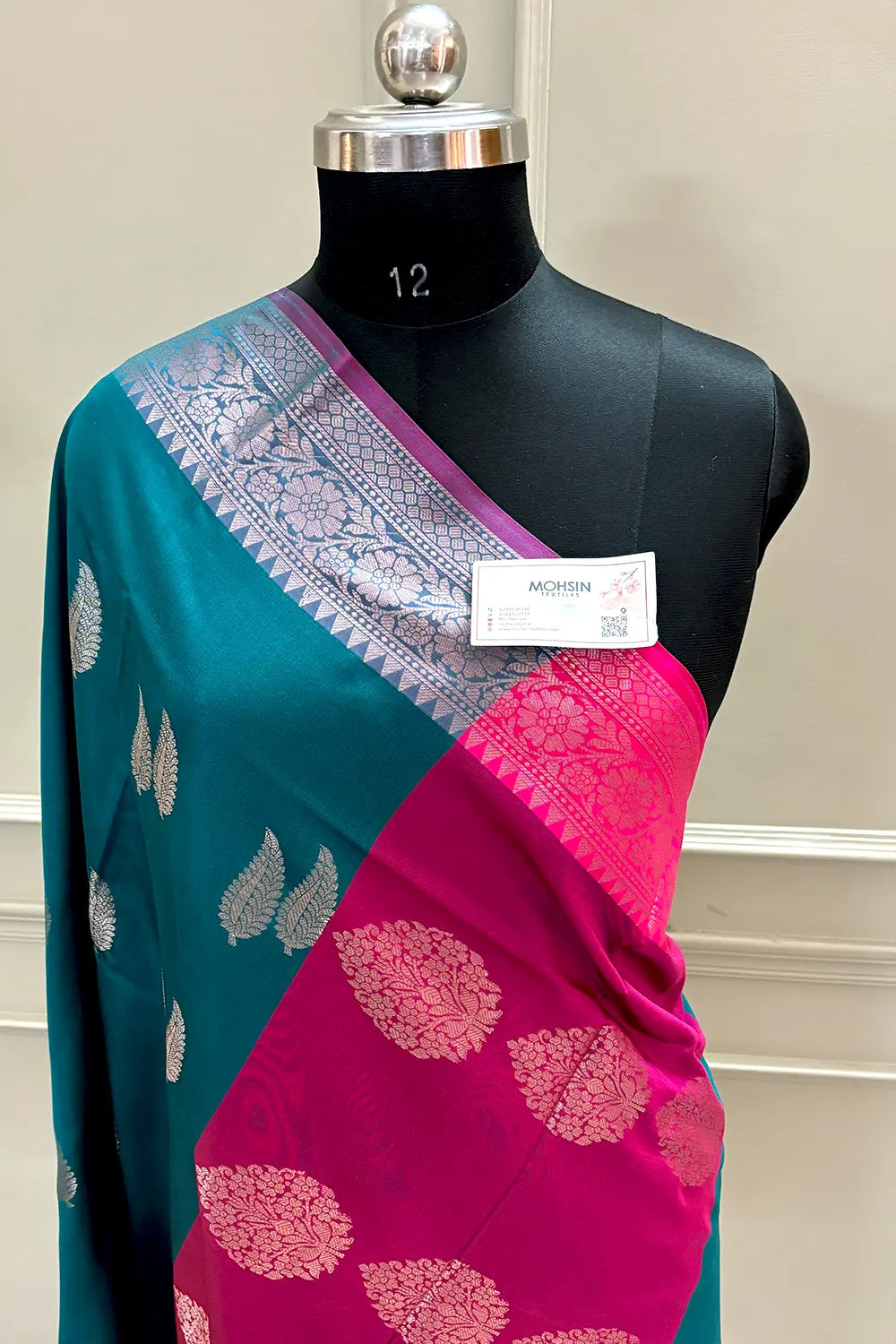 Teal and Pink Golden Zari Banarasi Silk Saree