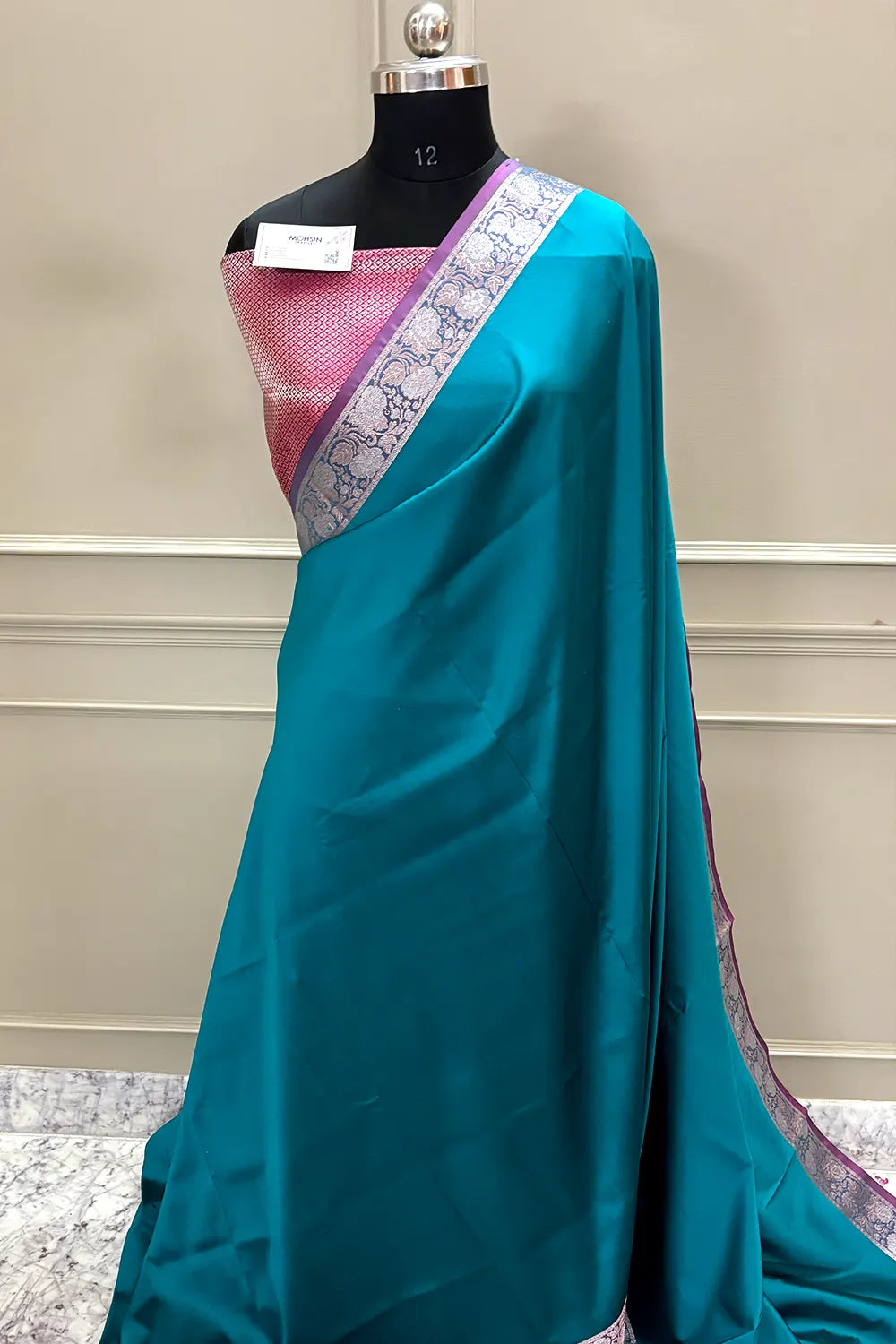 Teal and Pink Plain Banarasi Silk Saree