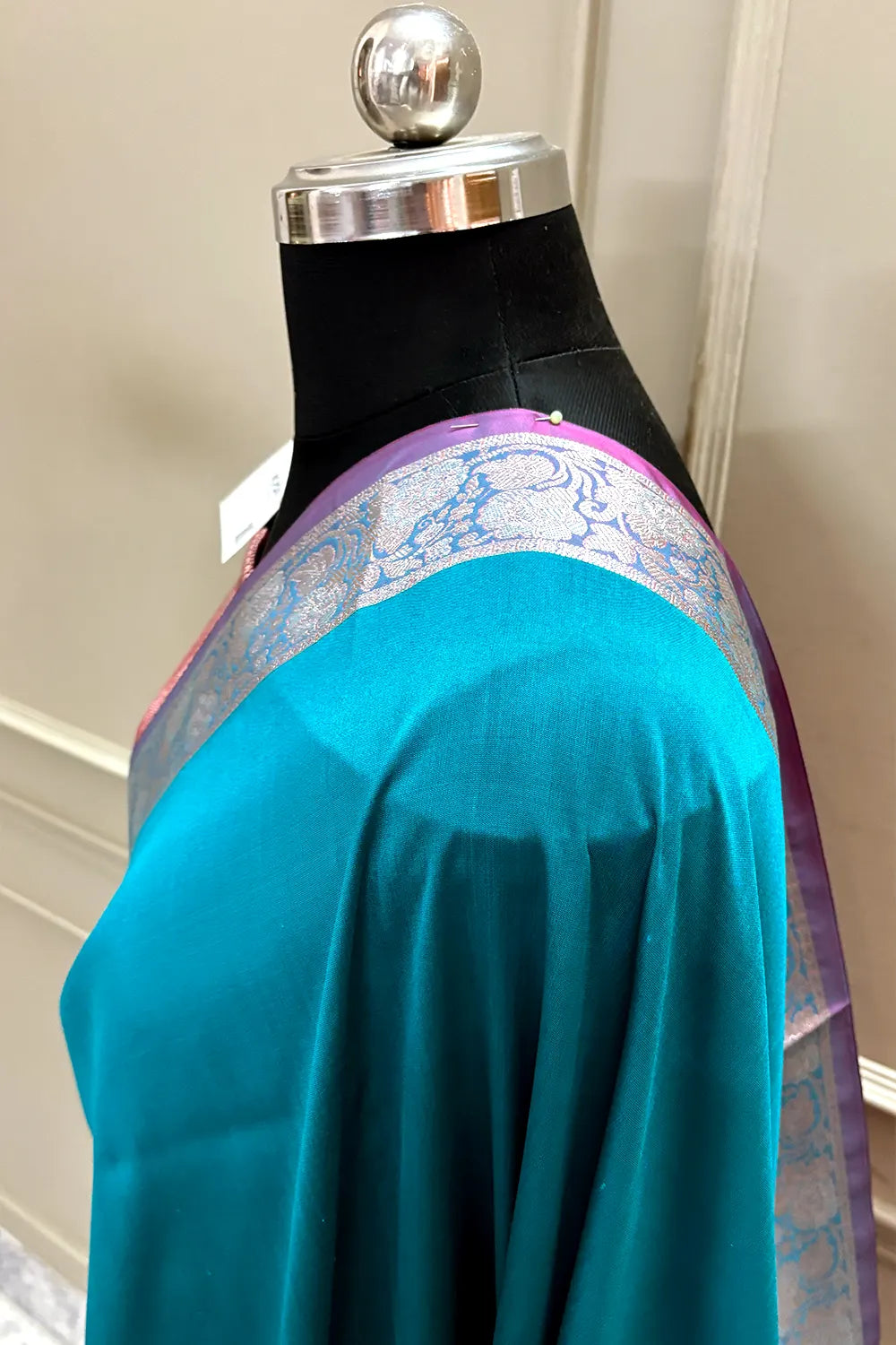 Teal and Pink Plain Banarasi Silk Saree