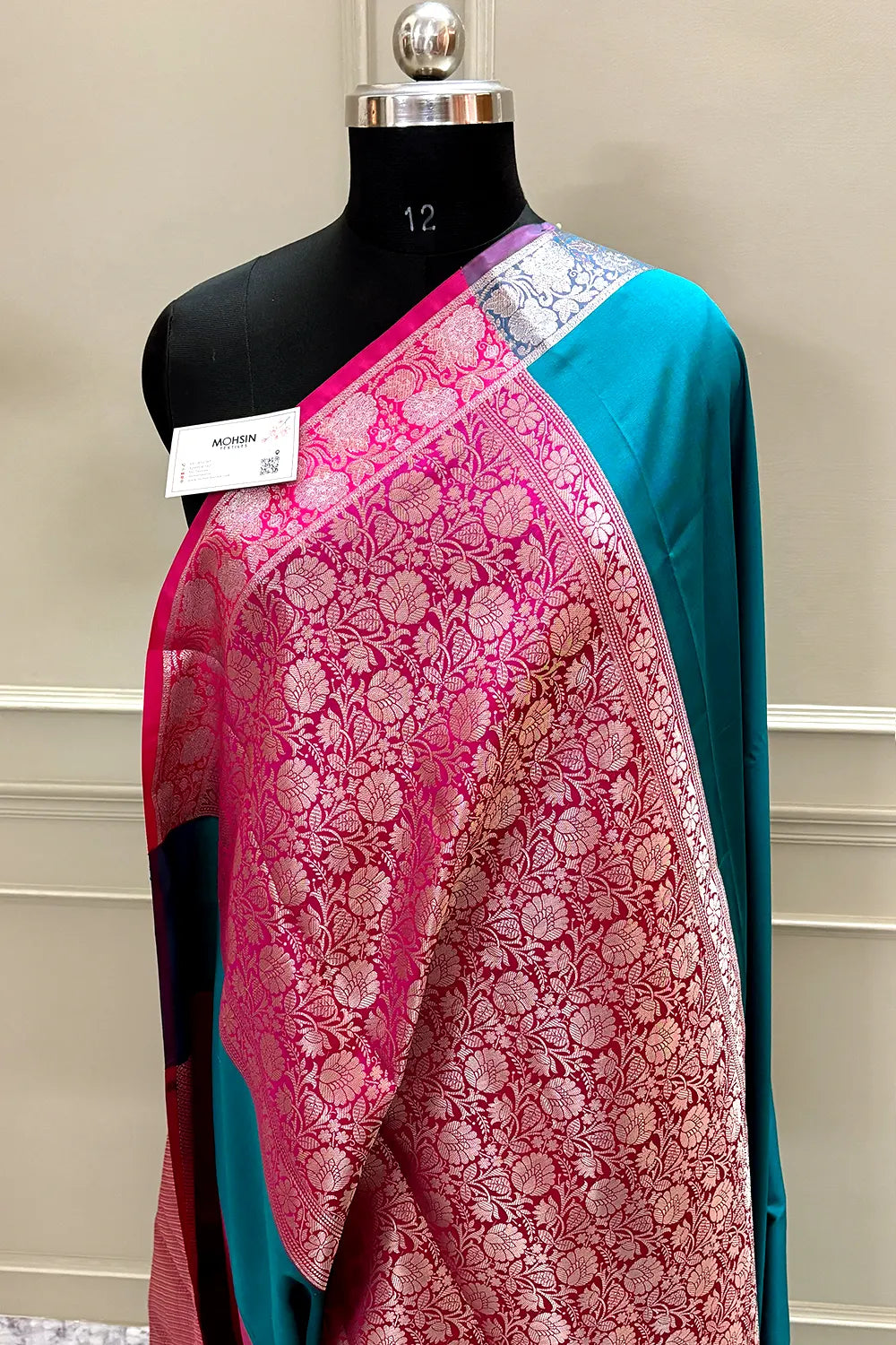 Teal and Pink Plain Banarasi Silk Saree