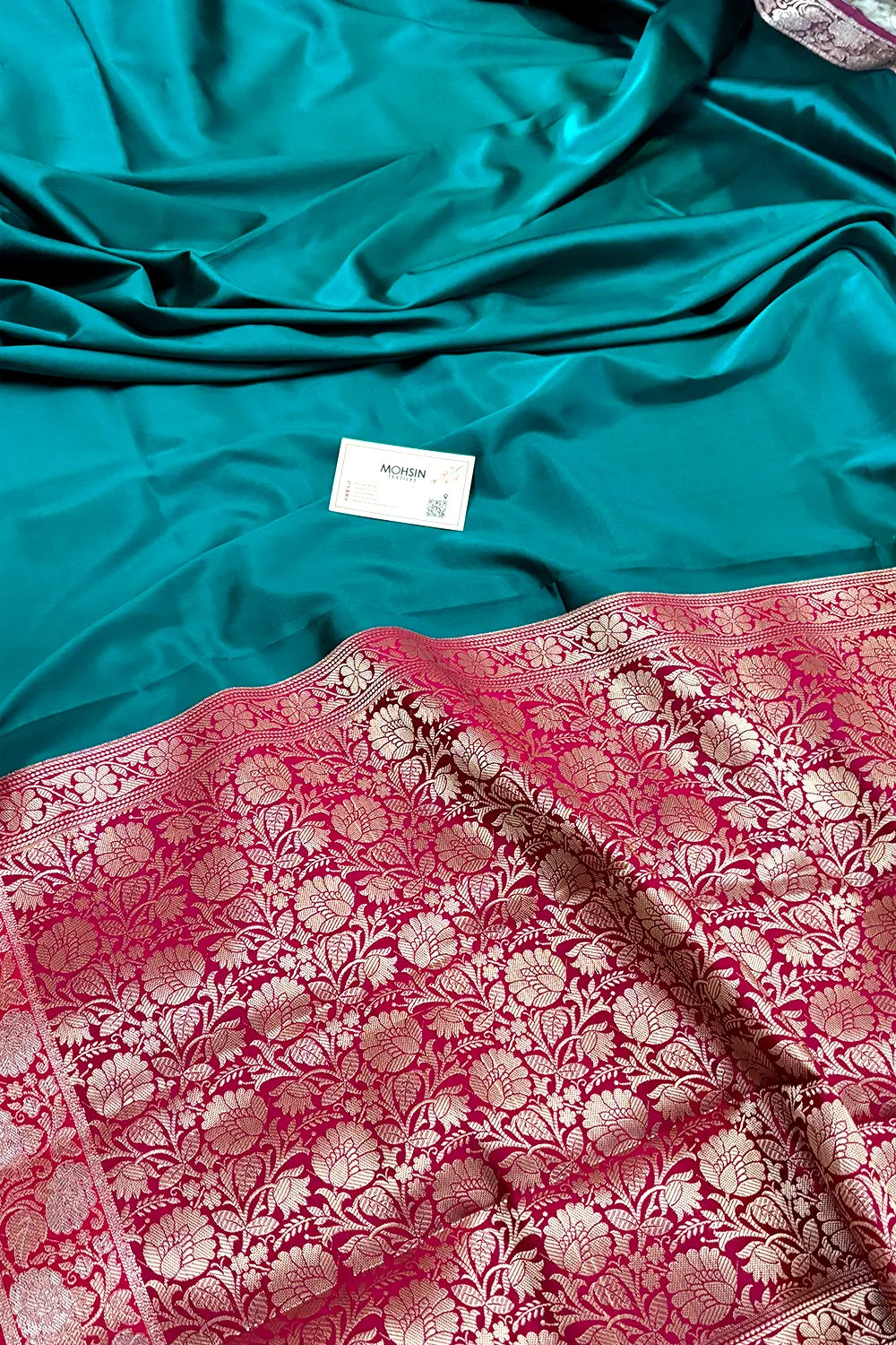 Teal and Pink Plain Banarasi Silk Saree