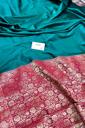 Teal and Pink Plain Banarasi Silk Saree