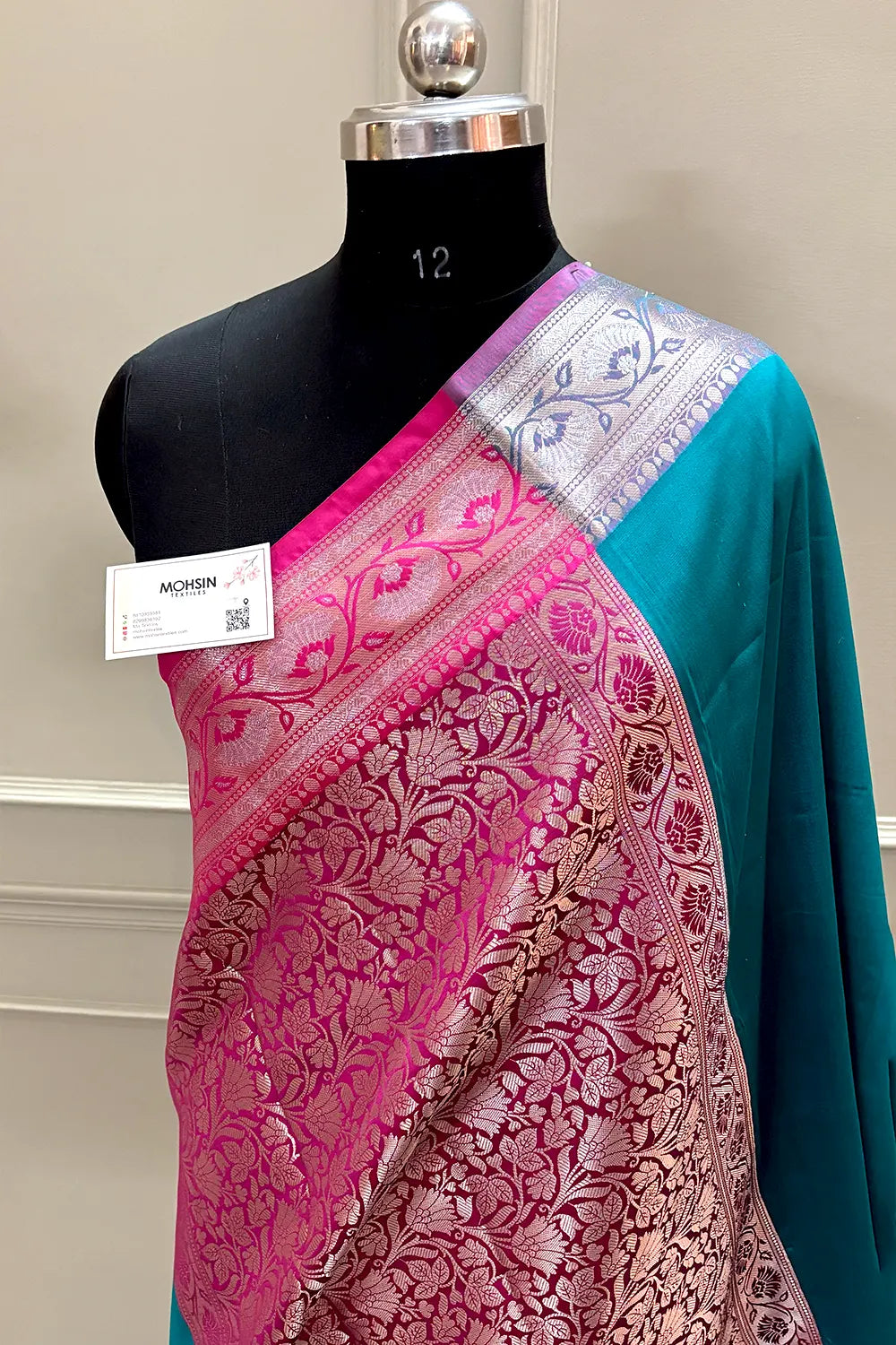 Teal and Pink Plain Banarasi Silk Saree