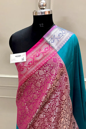 Teal and Pink Plain Banarasi Silk Saree