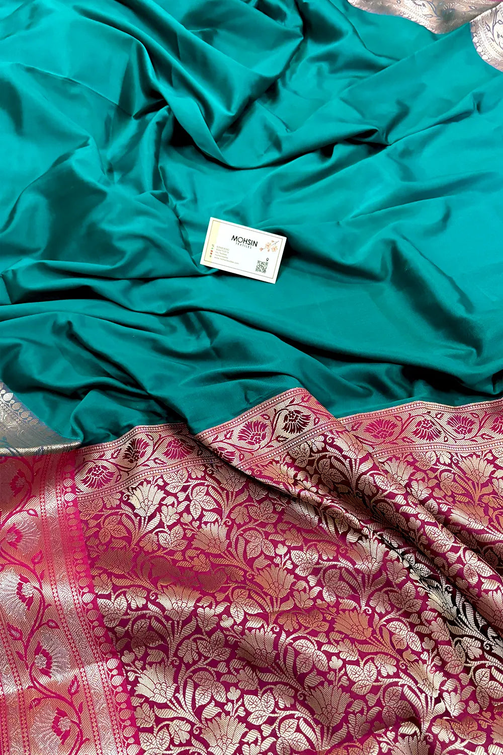 Teal and Pink Plain Banarasi Silk Saree