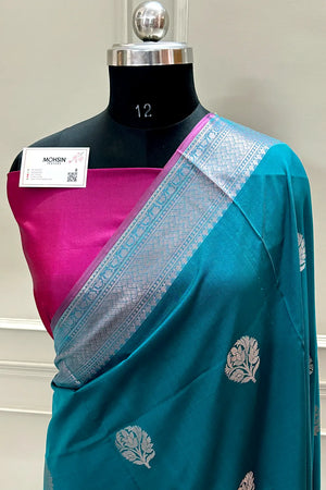 Teal and Pink Zari Banarasi Silk Saree
