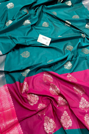 Teal and Pink Zari Banarasi Silk Saree