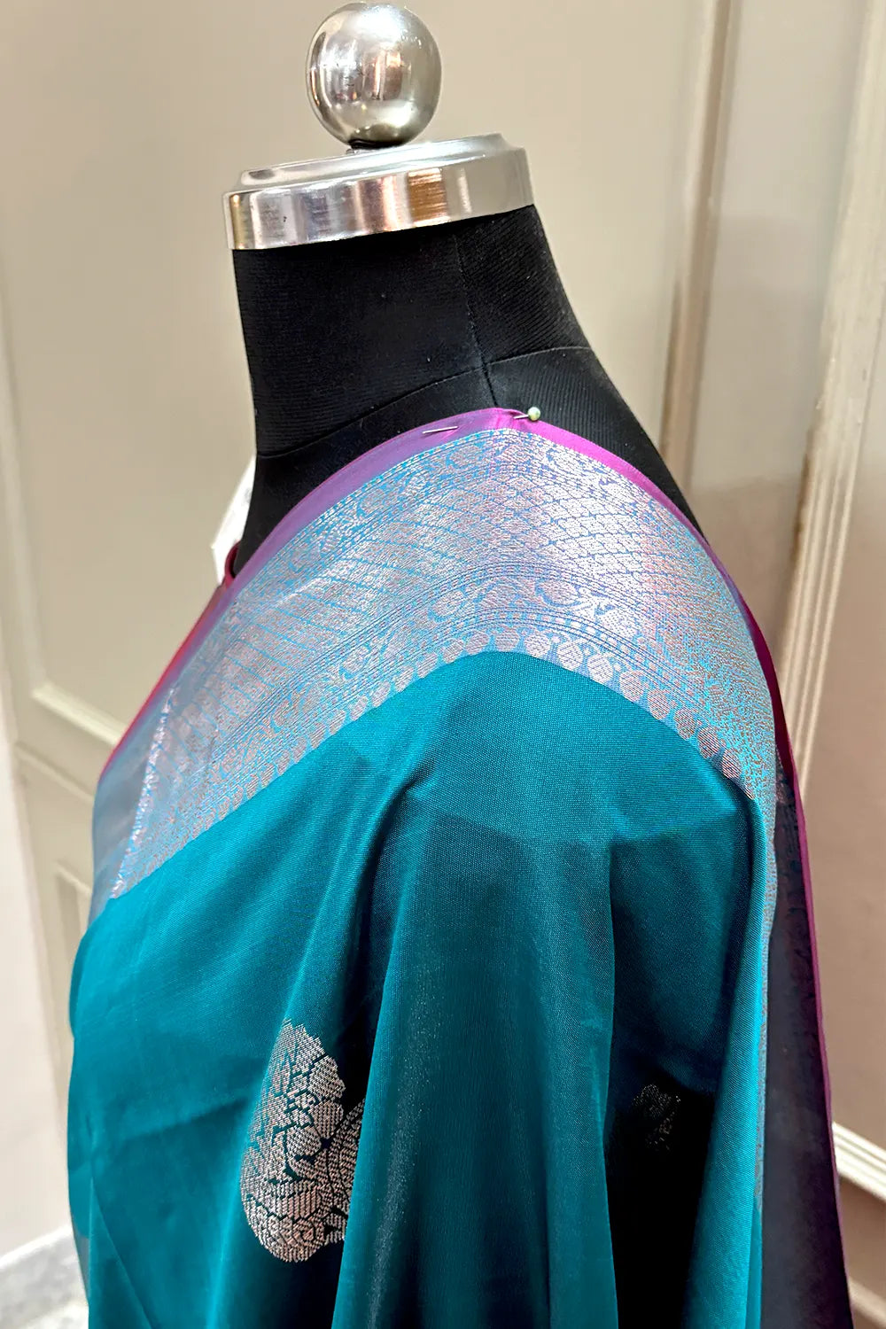 Teal and Pink Zari Banarasi Silk Saree