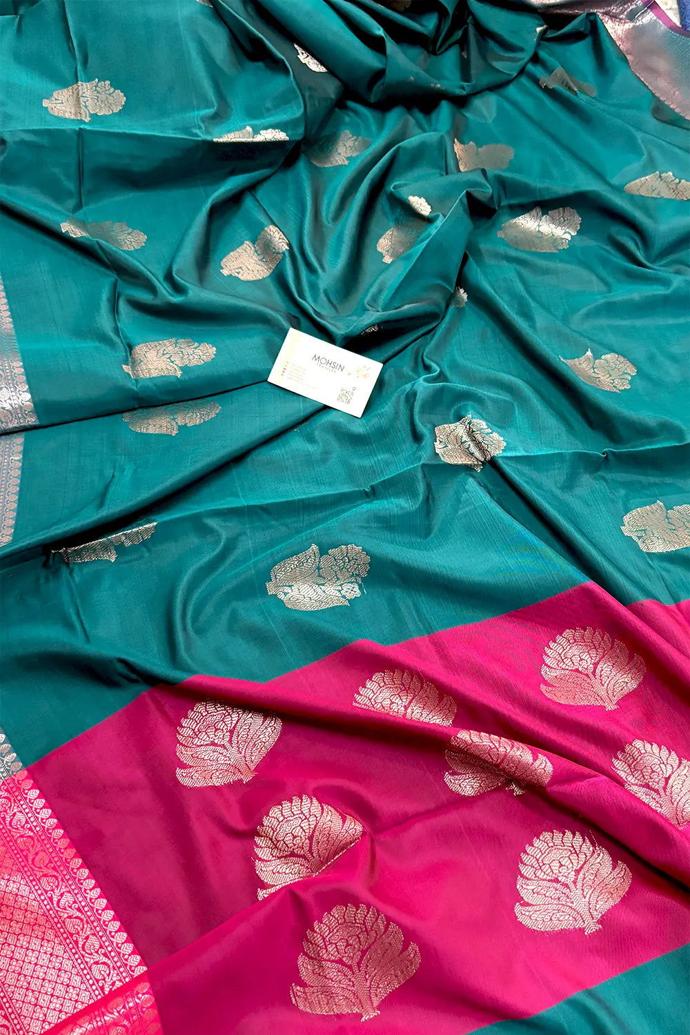 Teal and Pink Zari Banarasi Silk Saree
