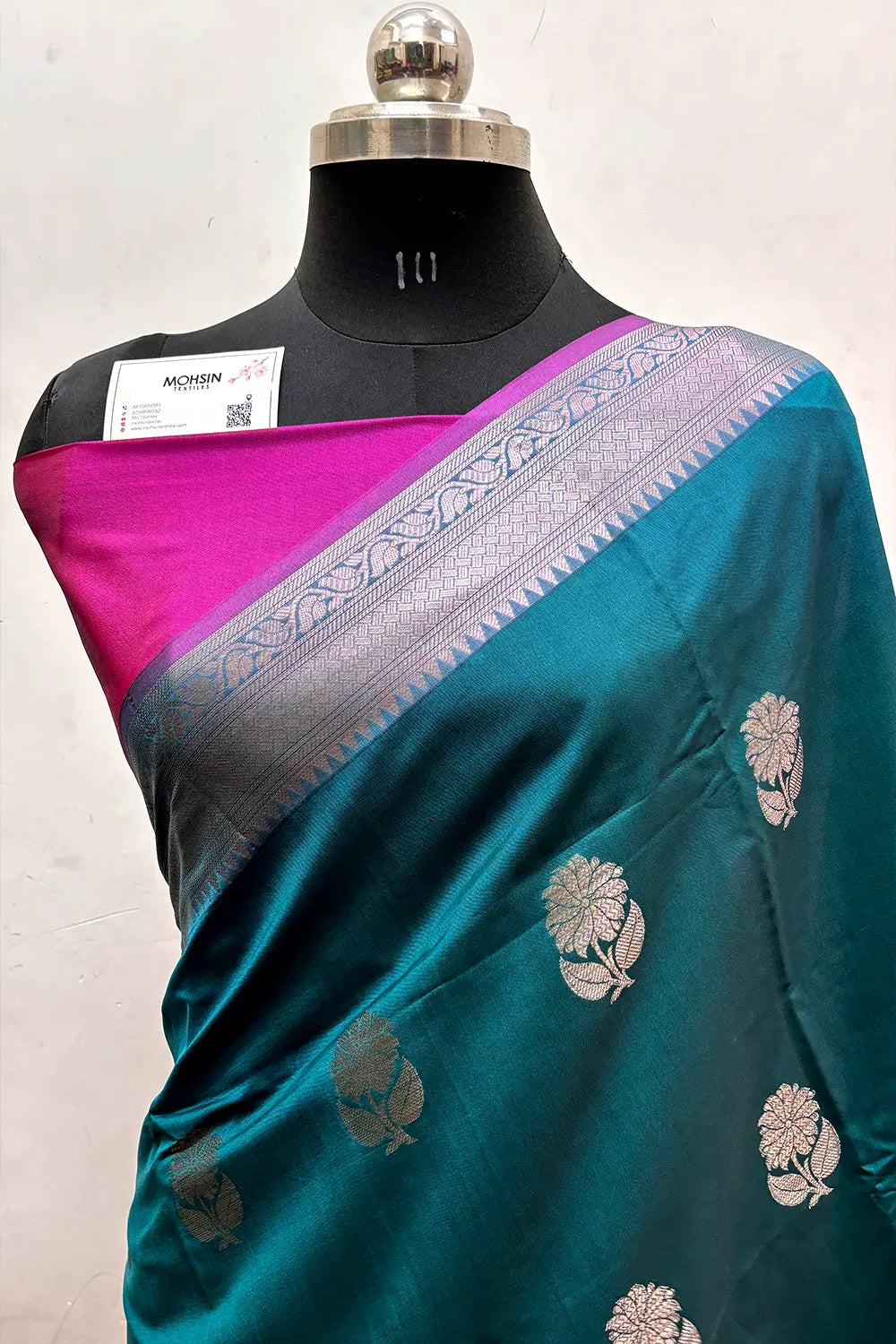 Teal and Pink Zari Semi Katan Silk Banarasi Saree