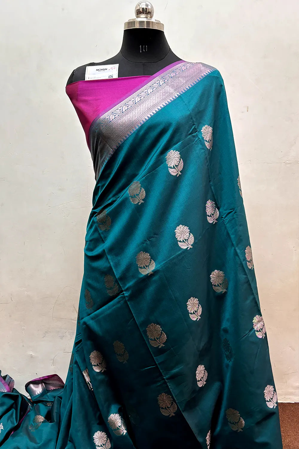 Teal and Pink Zari Semi Katan Silk Banarasi Saree