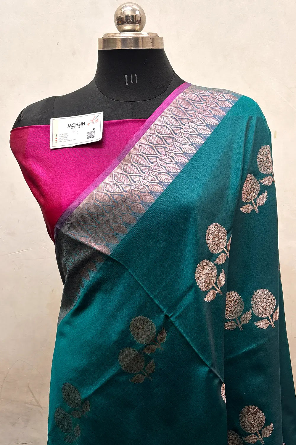 Teal and Pink Zari Semi Katan Silk Banarasi Saree