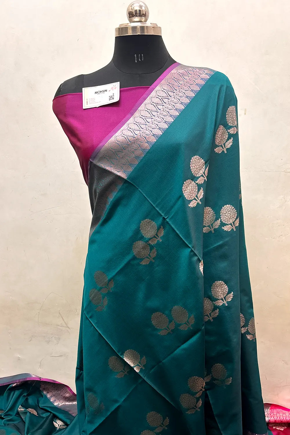 Teal and Pink Zari Semi Katan Silk Banarasi Saree
