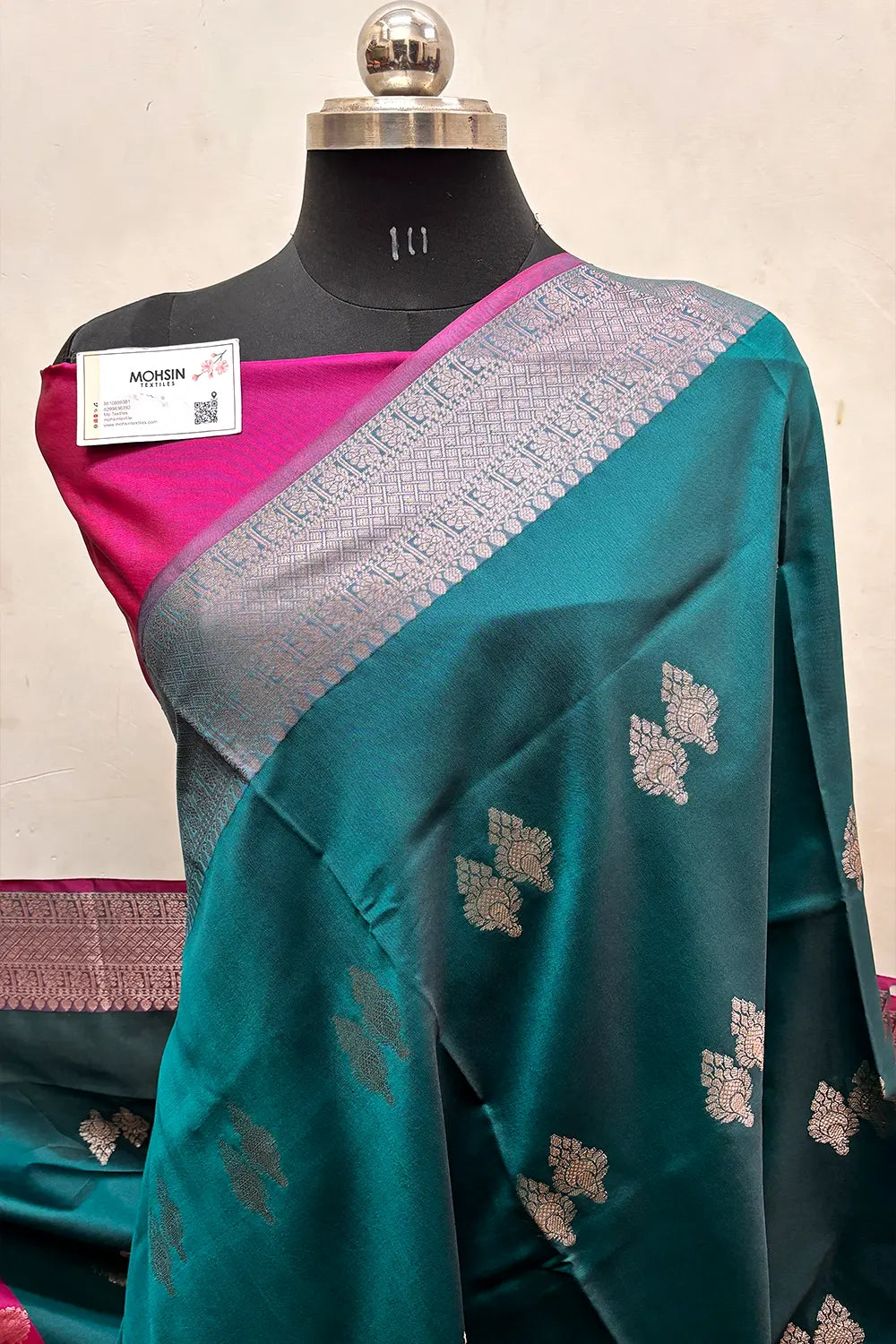 Teal and Pink Zari Semi Katan Silk Banarasi Saree