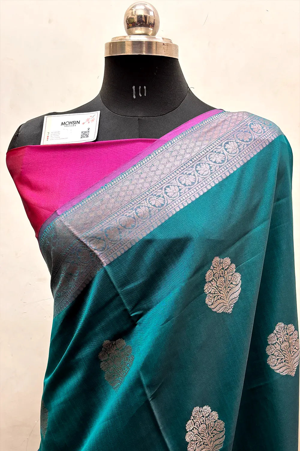 Teal and Pink Zari Semi Katan Silk Banarasi Saree
