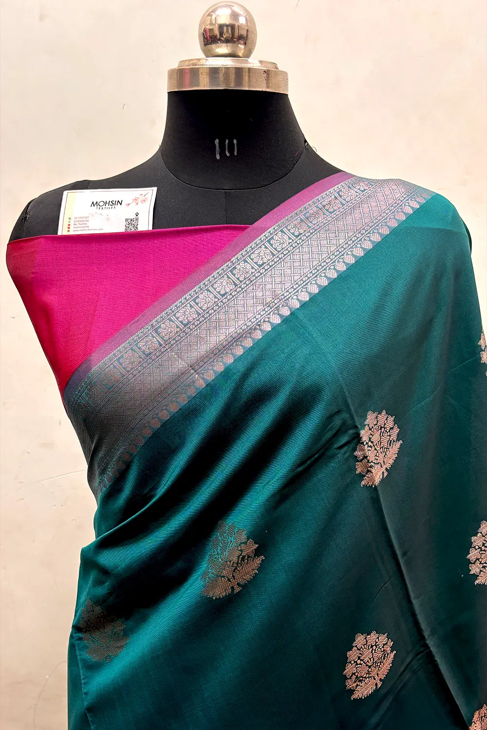 Teal and Pink Zari Semi Katan Silk Banarasi Saree