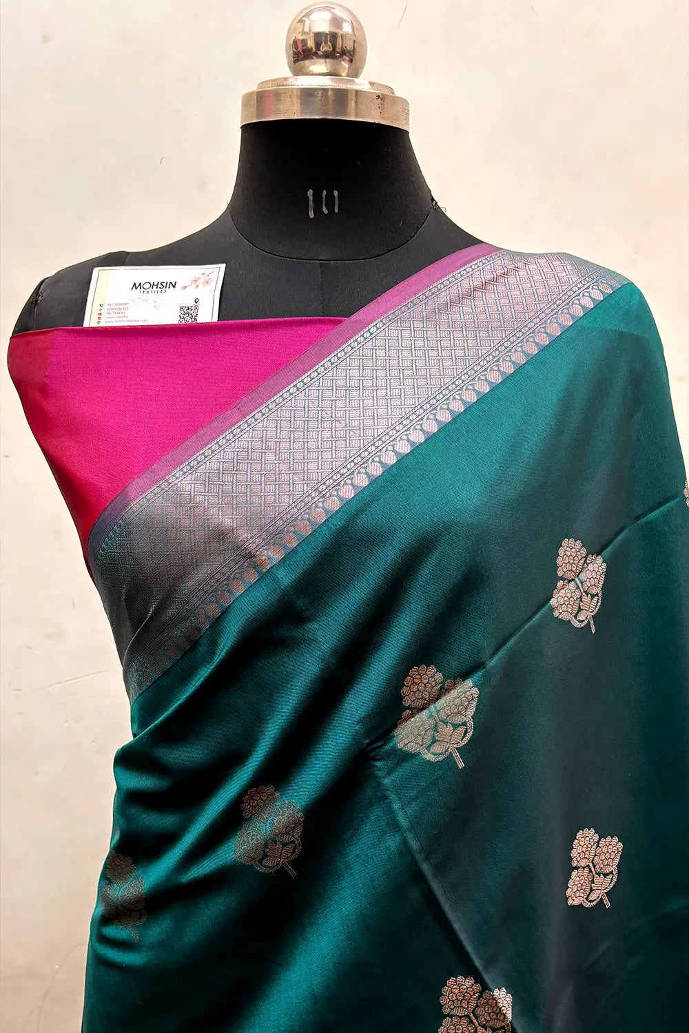Teal and Pink Zari Semi Katan Silk Banarasi Saree
