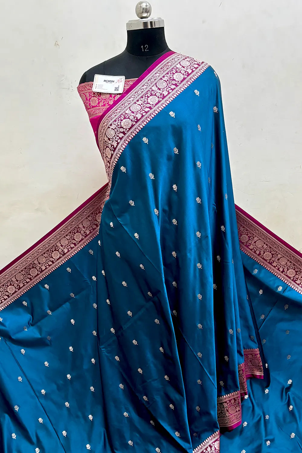 Teal and Rani Lily Buti Katan Mashru Silk Banarasi Saree