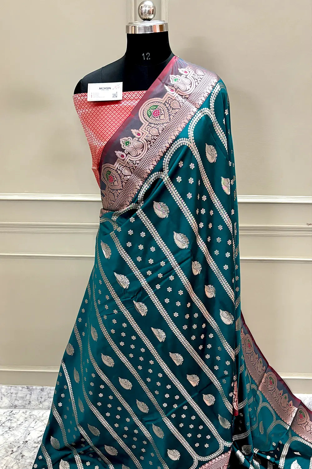 Teal and Red Zari Banarasi Silk Saree