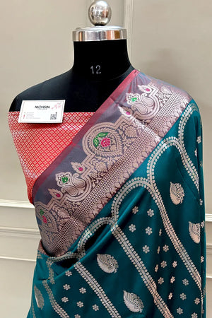 Teal and Red Zari Banarasi Silk Saree