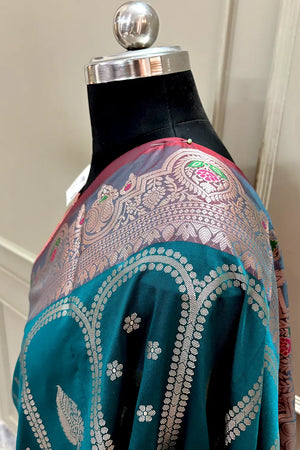 Teal and Red Zari Banarasi Silk Saree
