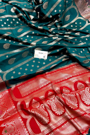 Teal and Red Zari Banarasi Silk Saree
