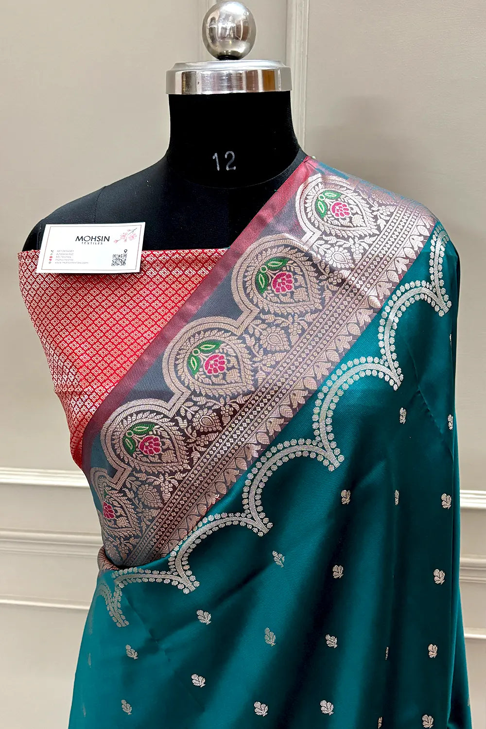 Teal and Red Zari Banarasi Silk Saree