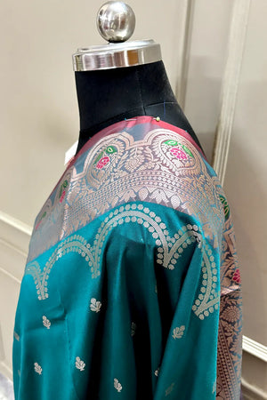 Teal and Red Zari Banarasi Silk Saree