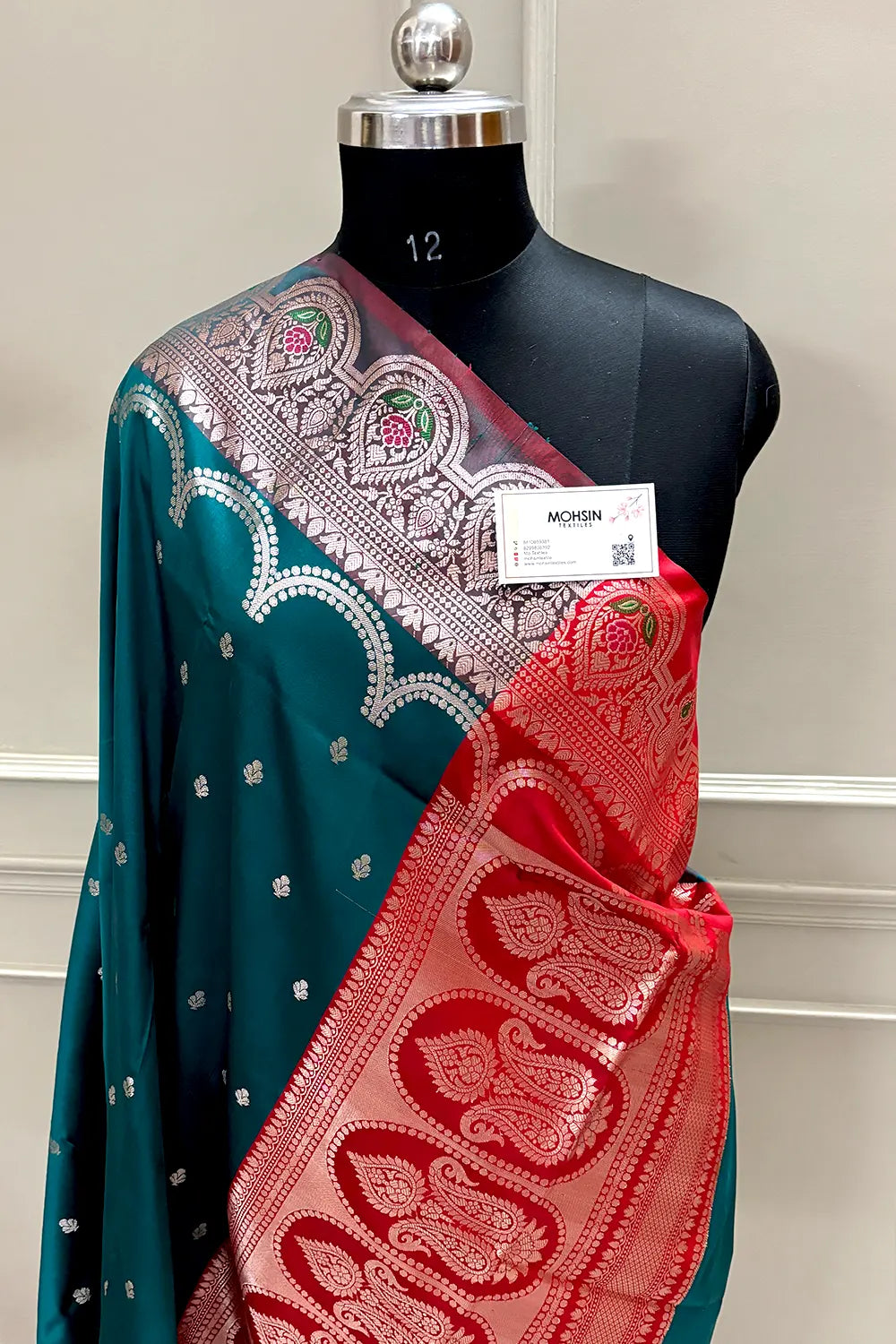 Teal and Red Zari Banarasi Silk Saree
