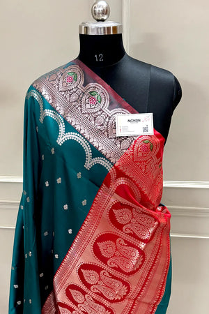 Teal and Red Zari Banarasi Silk Saree