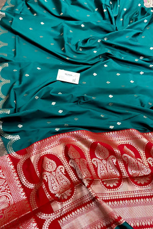 Teal and Red Zari Banarasi Silk Saree
