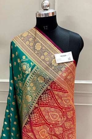 Teal and Red Zari Katan Silk Banarasi Saree