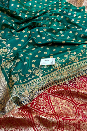 Teal and Red Zari Katan Silk Banarasi Saree