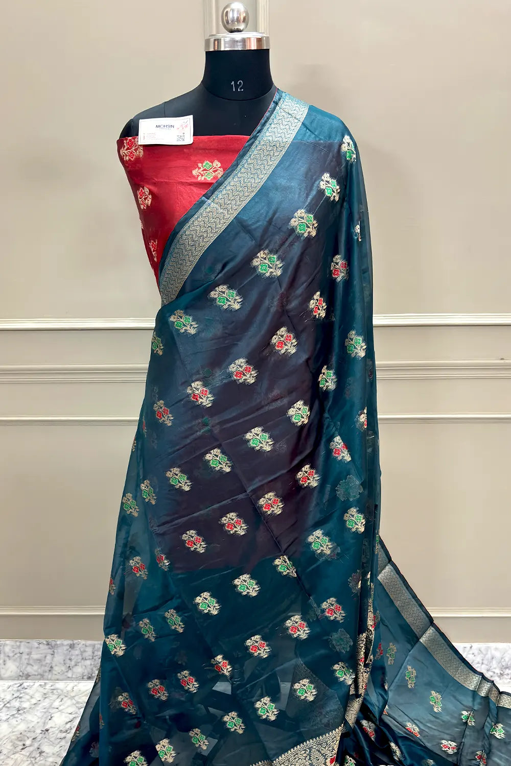 Teal and Red Zari Resham Silk Banarasi Saree