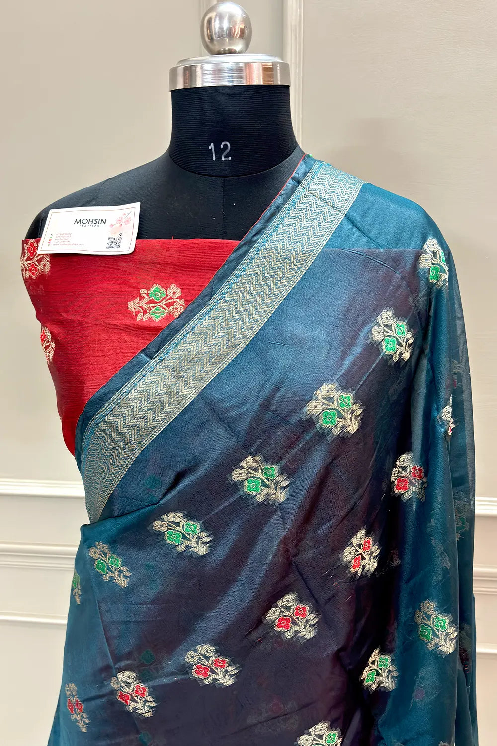 Teal and Red Zari Resham Silk Banarasi Saree