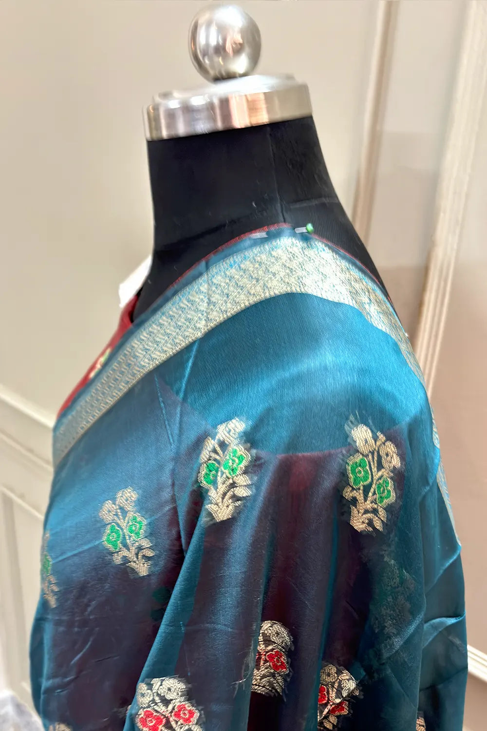 Teal and Red Zari Resham Silk Banarasi Saree