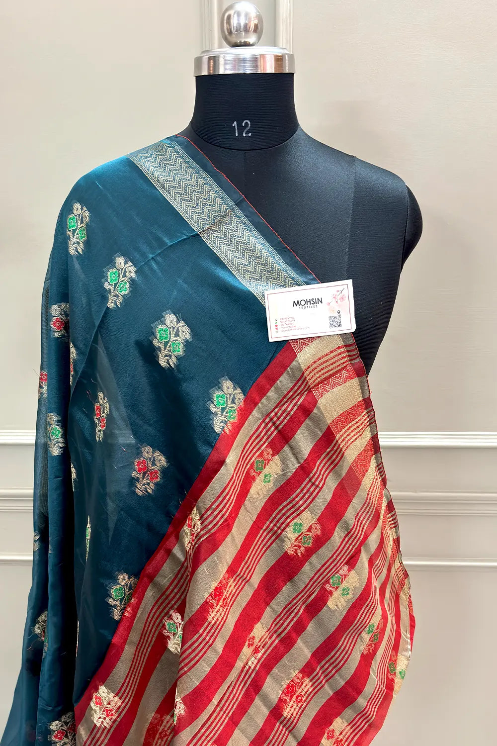 Teal and Red Zari Resham Silk Banarasi Saree