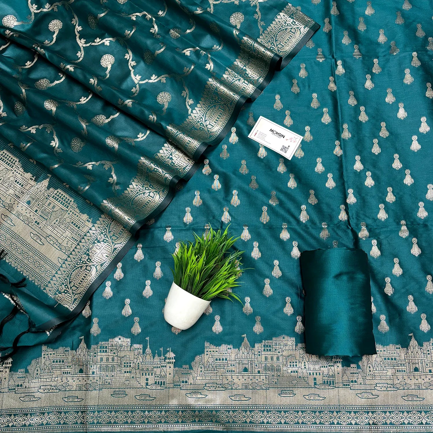 Teal Assi Ghat Aarti Semi Katan Silk Banarasi Suit