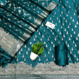 Teal Assi Ghat Aarti Semi Katan Silk Banarasi Suit