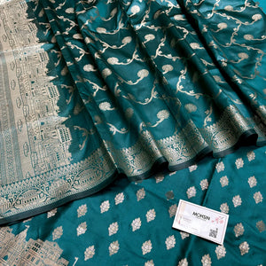 Teal Assi Ghat Mandir Semi Katan Silk Banarasi Suit