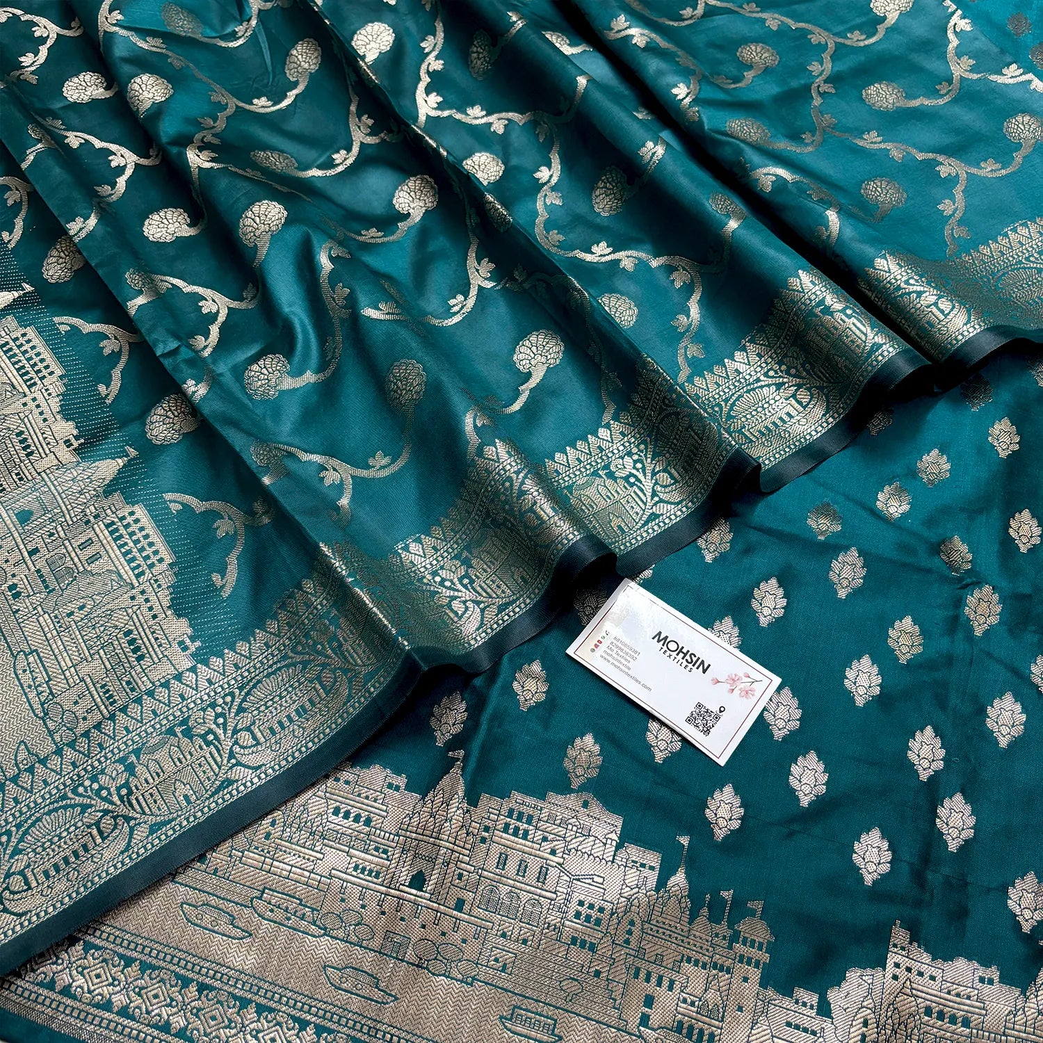 Teal Assi Ghat Mandir Semi Katan Silk Banarasi Suit