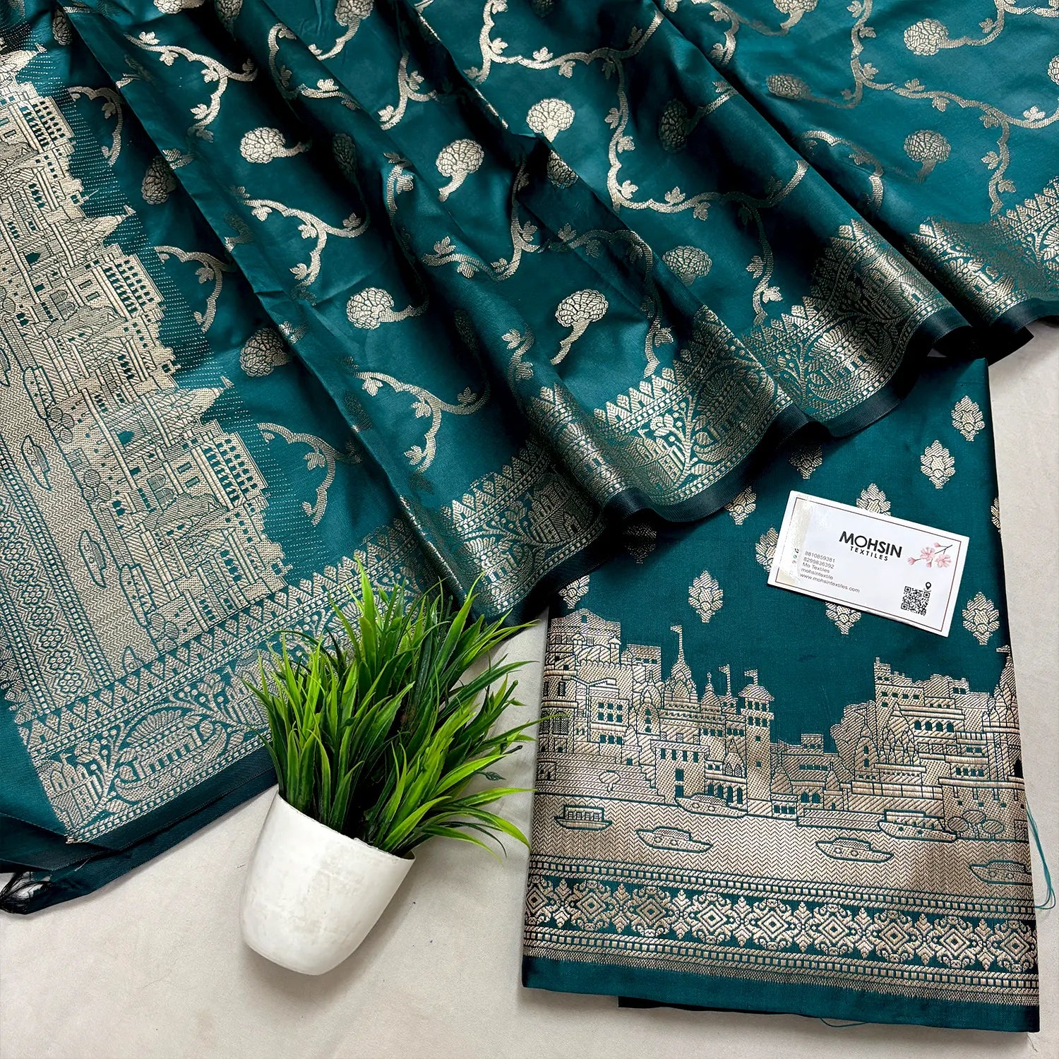 Teal Assi Ghat Mandir Semi Katan Silk Banarasi Suit