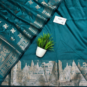 Teal Assi Ghat Plain Semi Katan Silk Banarasi Suit