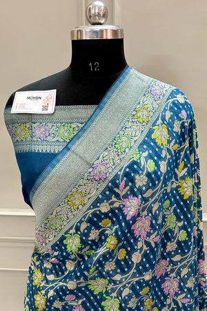 Teal Bandhej Meena Georgette Silk Banarasi Saree